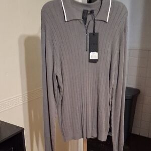 Elegant Gray Zip-Up Sweater with White Trim